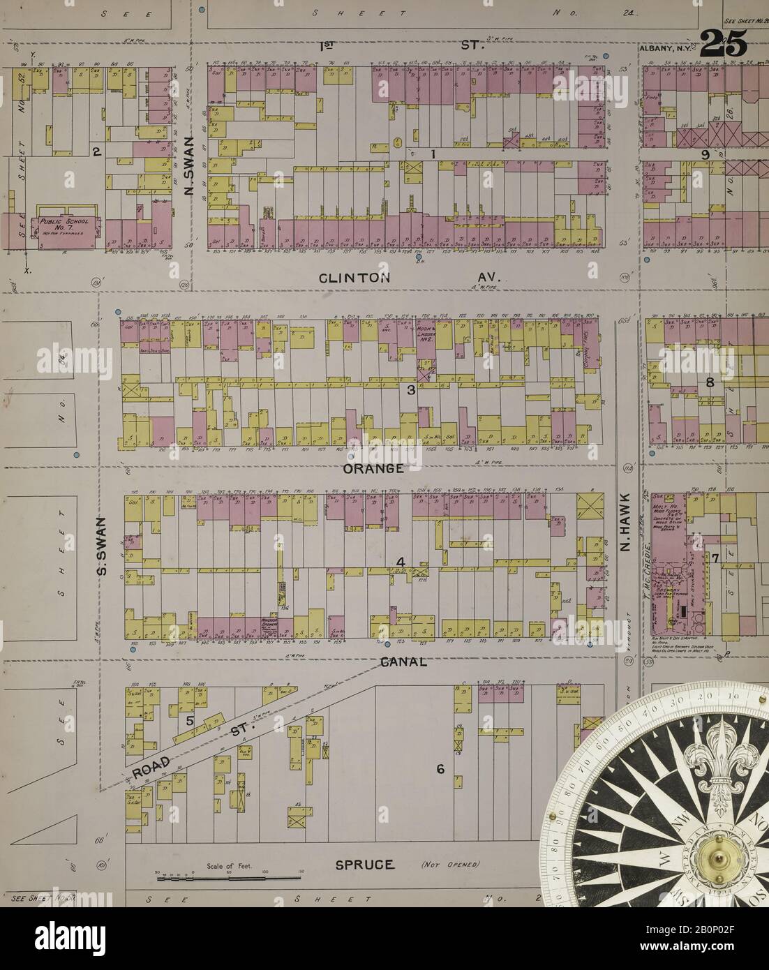 Immagine 29 Della Mappa Sanborn Fire Insurance Di Albany, Albany County, New York. 1892. 124 fogli. Include Coeymans, Coeymans Junction, Rensselaerville, Clarksville, Altamont, Guilderland Center, South Bethlehem. 3 mappe scheletriche. Bound, America, mappa stradale con una bussola Del Xix Secolo Foto Stock