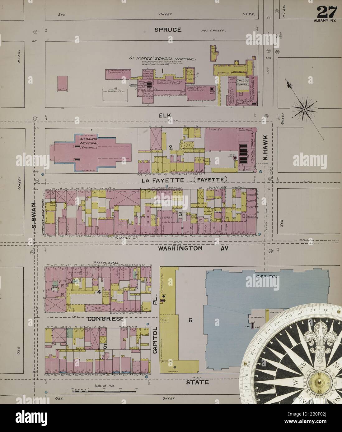 Immagine 31 Della Mappa Sanborn Fire Insurance Di Albany, Albany County, New York. 1892. 124 fogli. Include Coeymans, Coeymans Junction, Rensselaerville, Clarksville, Altamont, Guilderland Center, South Bethlehem. 3 mappe scheletriche. Bound, America, mappa stradale con una bussola Del Xix Secolo Foto Stock