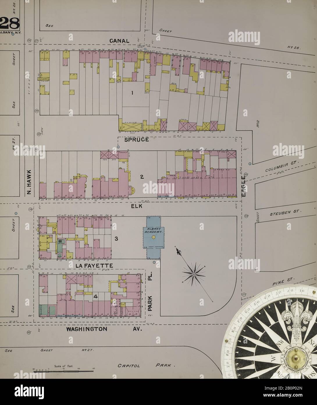 Immagine 32 Della Mappa Sanborn Fire Insurance Di Albany, Albany County, New York. 1892. 124 fogli. Include Coeymans, Coeymans Junction, Rensselaerville, Clarksville, Altamont, Guilderland Center, South Bethlehem. 3 mappe scheletriche. Bound, America, mappa stradale con una bussola Del Xix Secolo Foto Stock