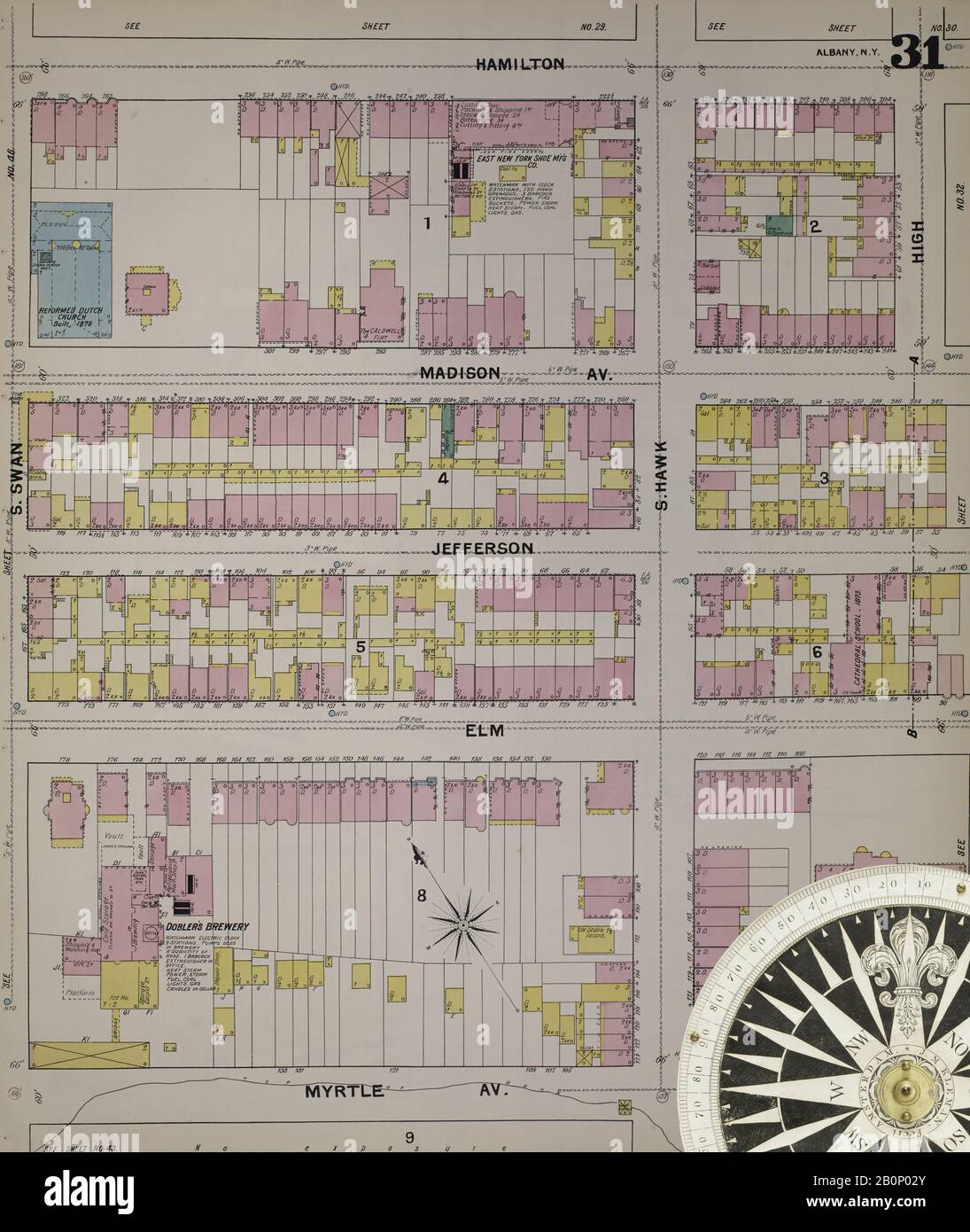 Immagine 35 Della Mappa Sanborn Fire Insurance Di Albany, Albany County, New York. 1892. 124 fogli. Include Coeymans, Coeymans Junction, Rensselaerville, Clarksville, Altamont, Guilderland Center, South Bethlehem. 3 mappe scheletriche. Bound, America, mappa stradale con una bussola Del Xix Secolo Foto Stock