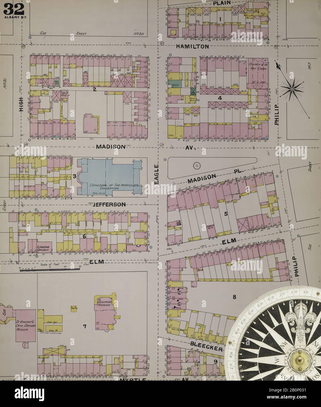 Immagine 36 Della Mappa Sanborn Fire Insurance Da Albany, Albany County, New York. 1892. 124 fogli. Include Coeymans, Coeymans Junction, Rensselaerville, Clarksville, Altamont, Guilderland Center, South Bethlehem. 3 mappe scheletriche. Bound, America, mappa stradale con una bussola Del Xix Secolo Foto Stock