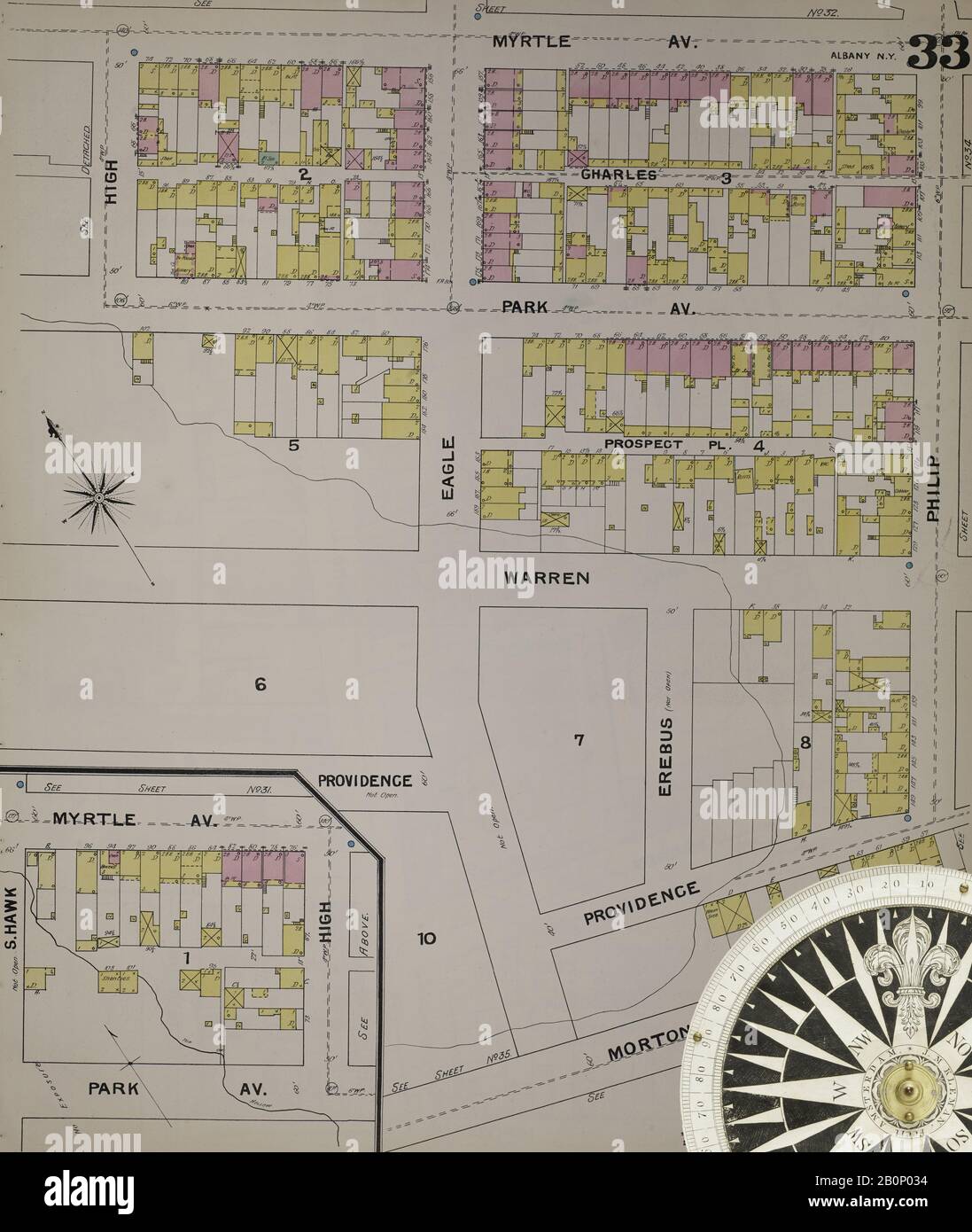 Immagine 37 Della Mappa Sanborn Fire Insurance Di Albany, Albany County, New York. 1892. 124 fogli. Include Coeymans, Coeymans Junction, Rensselaerville, Clarksville, Altamont, Guilderland Center, South Bethlehem. 3 mappe scheletriche. Bound, America, mappa stradale con una bussola Del Xix Secolo Foto Stock