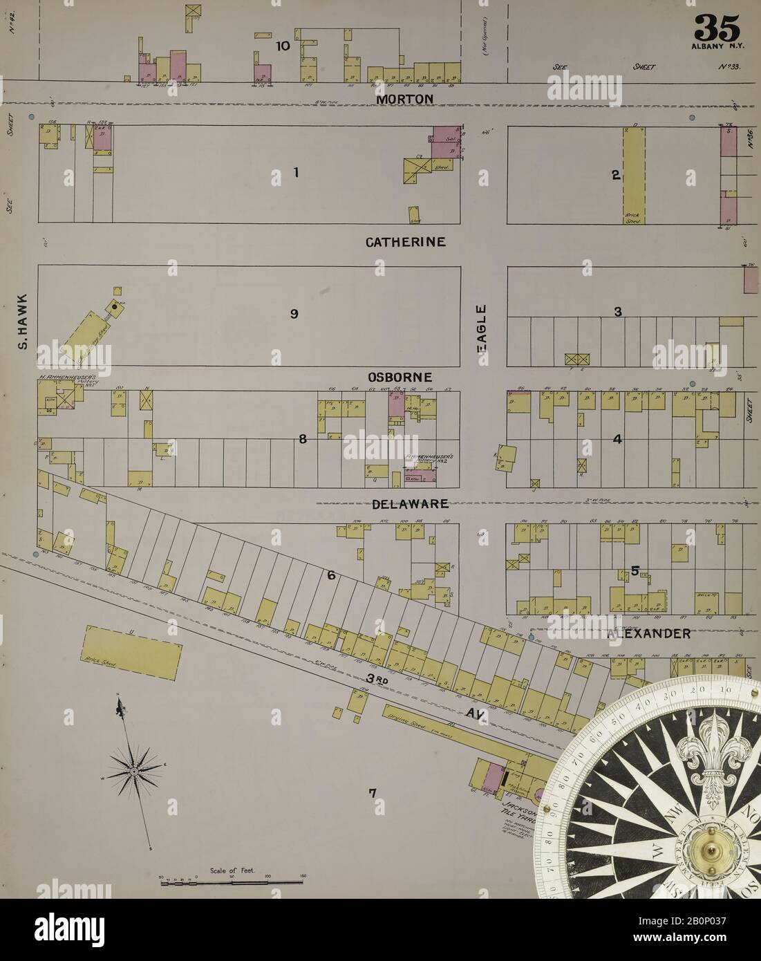 Immagine 39 Della Mappa Sanborn Fire Insurance Di Albany, Albany County, New York. 1892. 124 fogli. Include Coeymans, Coeymans Junction, Rensselaerville, Clarksville, Altamont, Guilderland Center, South Bethlehem. 3 mappe scheletriche. Bound, America, mappa stradale con una bussola Del Xix Secolo Foto Stock