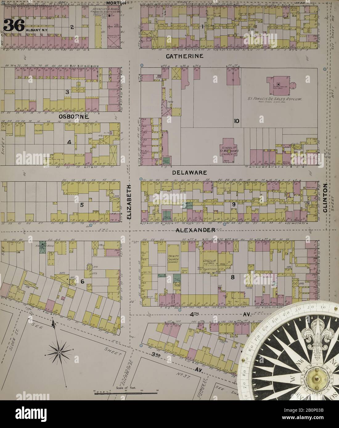 Immagine 40 Della Mappa Sanborn Fire Insurance Da Albany, Albany County, New York. 1892. 124 fogli. Include Coeymans, Coeymans Junction, Rensselaerville, Clarksville, Altamont, Guilderland Center, South Bethlehem. 3 mappe scheletriche. Bound, America, mappa stradale con una bussola Del Xix Secolo Foto Stock