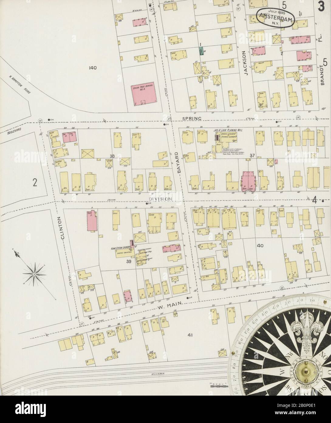 Immagine 3 Della Mappa Sanborn Fire Insurance Di Amsterdam, Montgomery County, New York. Lug 1895. 31 foglio(i), America, mappa stradale con una bussola Ottocentesca Foto Stock