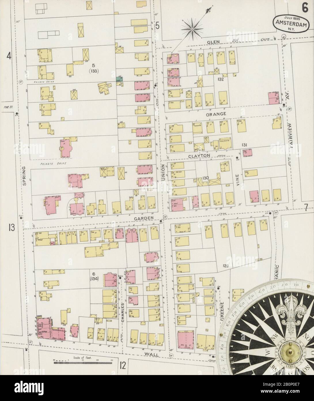 Immagine 6 Della Mappa Sanborn Fire Insurance Di Amsterdam, Montgomery County, New York. Lug 1895. 31 foglio(i), America, mappa stradale con una bussola Ottocentesca Foto Stock