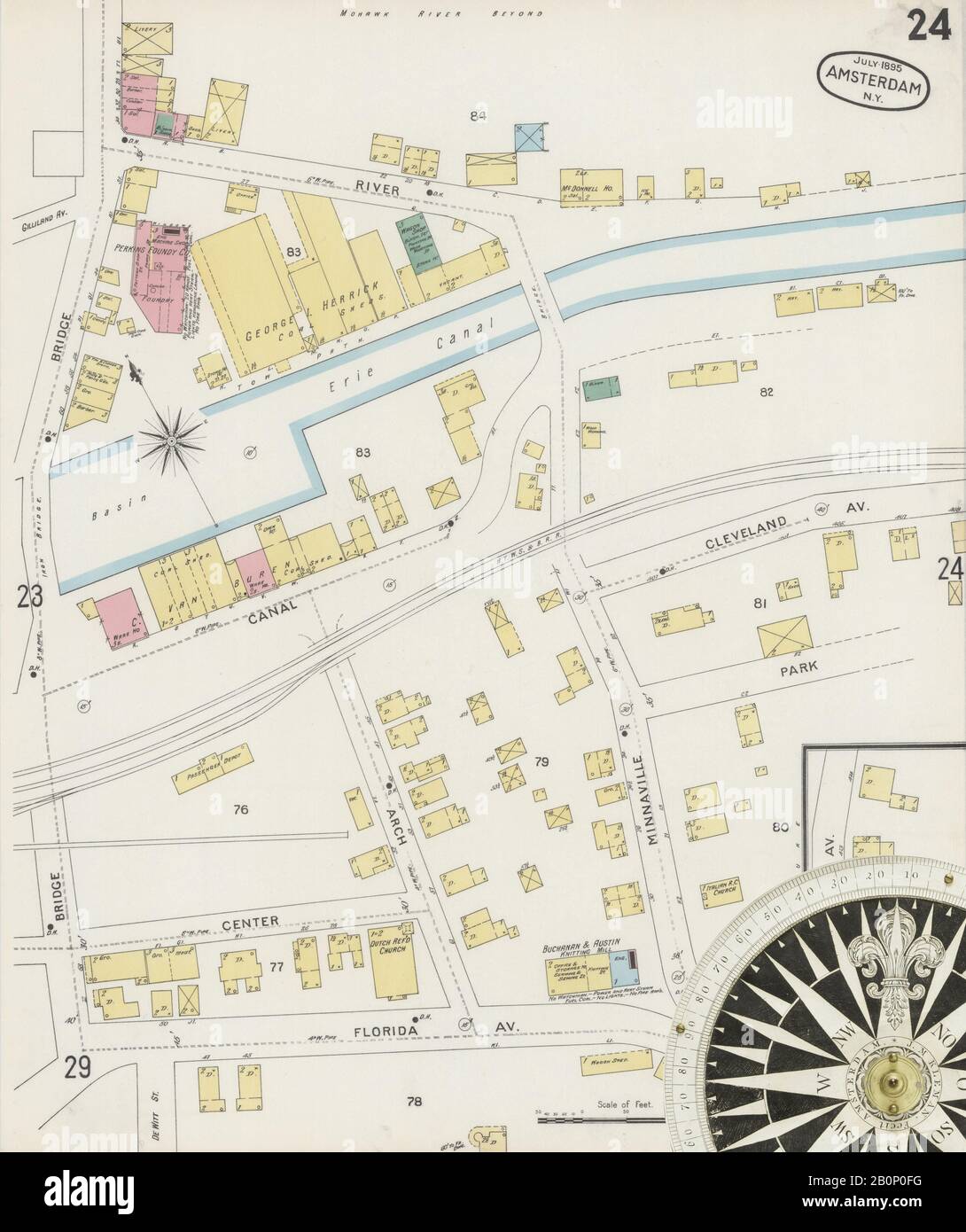 Immagine 24 Della Mappa Sanborn Fire Insurance Di Amsterdam, Montgomery County, New York. Lug 1895. 31 foglio(i), America, mappa stradale con una bussola Ottocentesca Foto Stock