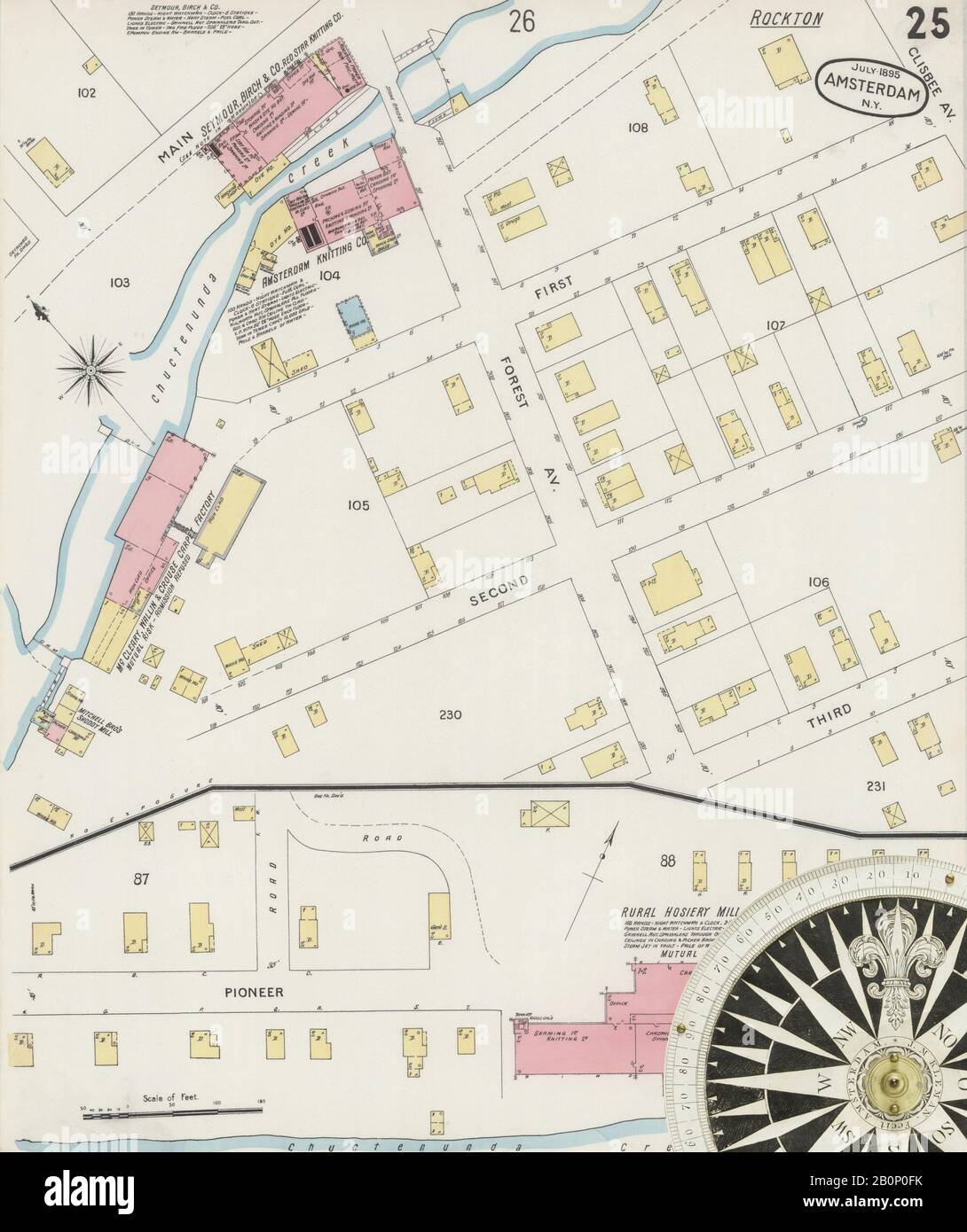 Immagine 25 Della Mappa Sanborn Fire Insurance Di Amsterdam, Montgomery County, New York. Lug 1895. 31 foglio(i), America, mappa stradale con una bussola Ottocentesca Foto Stock