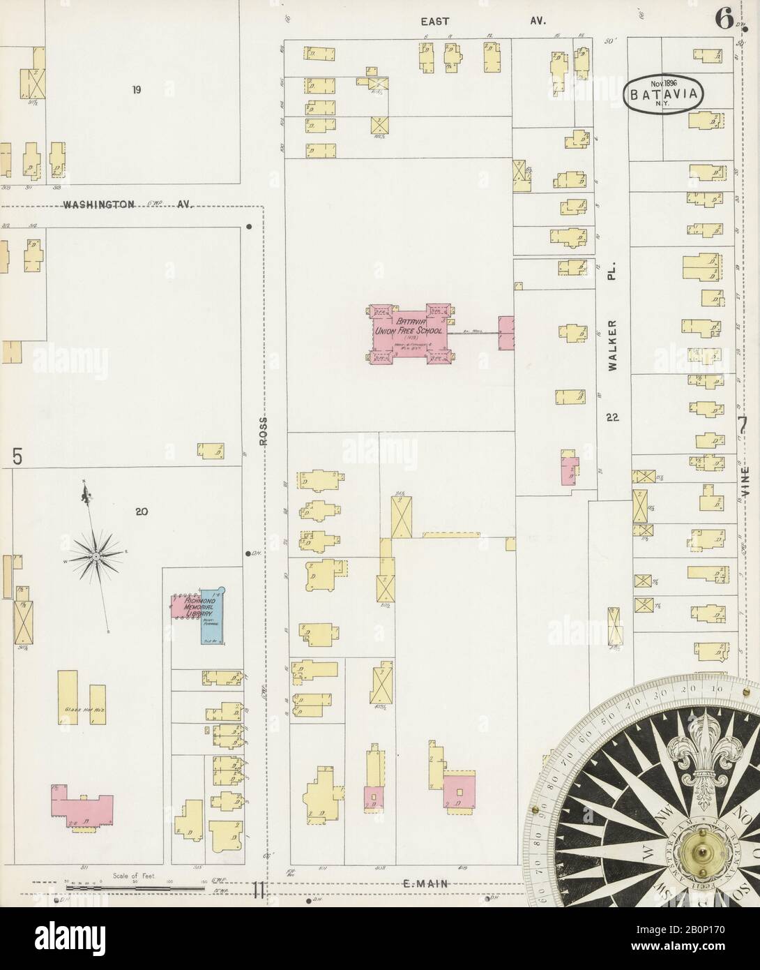 Immagine 6 Della Mappa Sanborn Fire Insurance Di Batavia, Genesee County, New York. Nov 1896. 15 fogli, America, mappa stradale con una bussola Del Xix Secolo Foto Stock