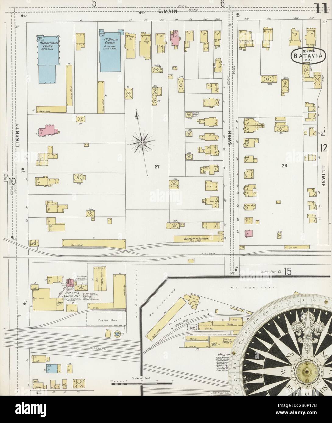 Immagine 11 Della Mappa Sanborn Fire Insurance Di Batavia, Genesee County, New York. Nov 1896. 15 fogli, America, mappa stradale con una bussola Del Xix Secolo Foto Stock