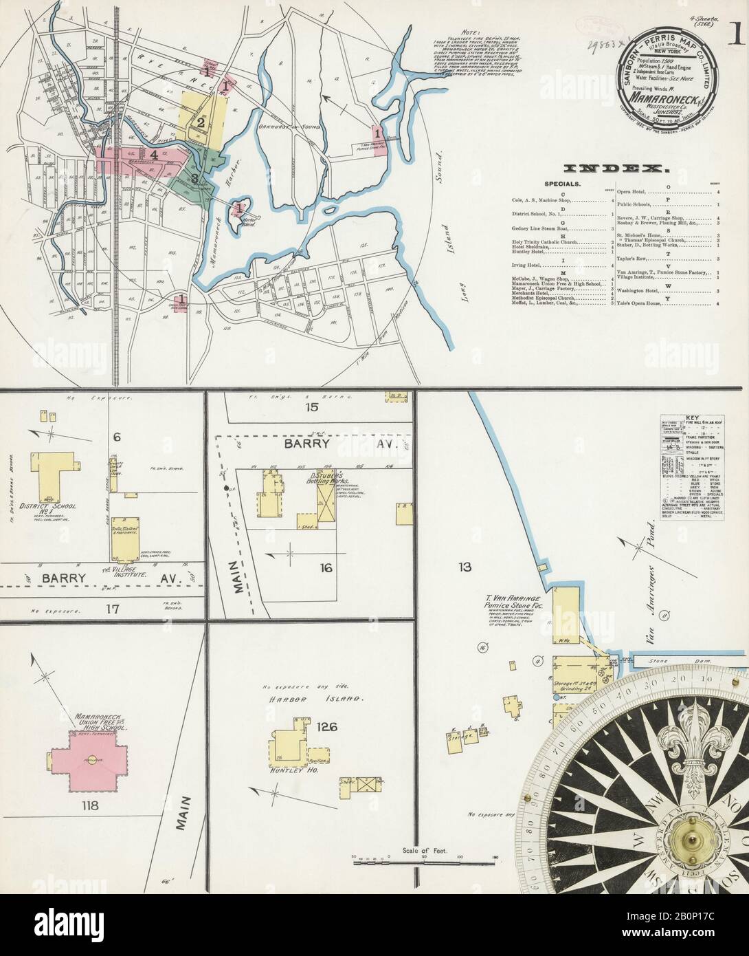 Immagine 1 Della Mappa Sanborn Fire Insurance Di Mamaroneck, Westchester County, New York. Giu 1892. 4 fogli, America, mappa stradale con una bussola Del Xix Secolo Foto Stock