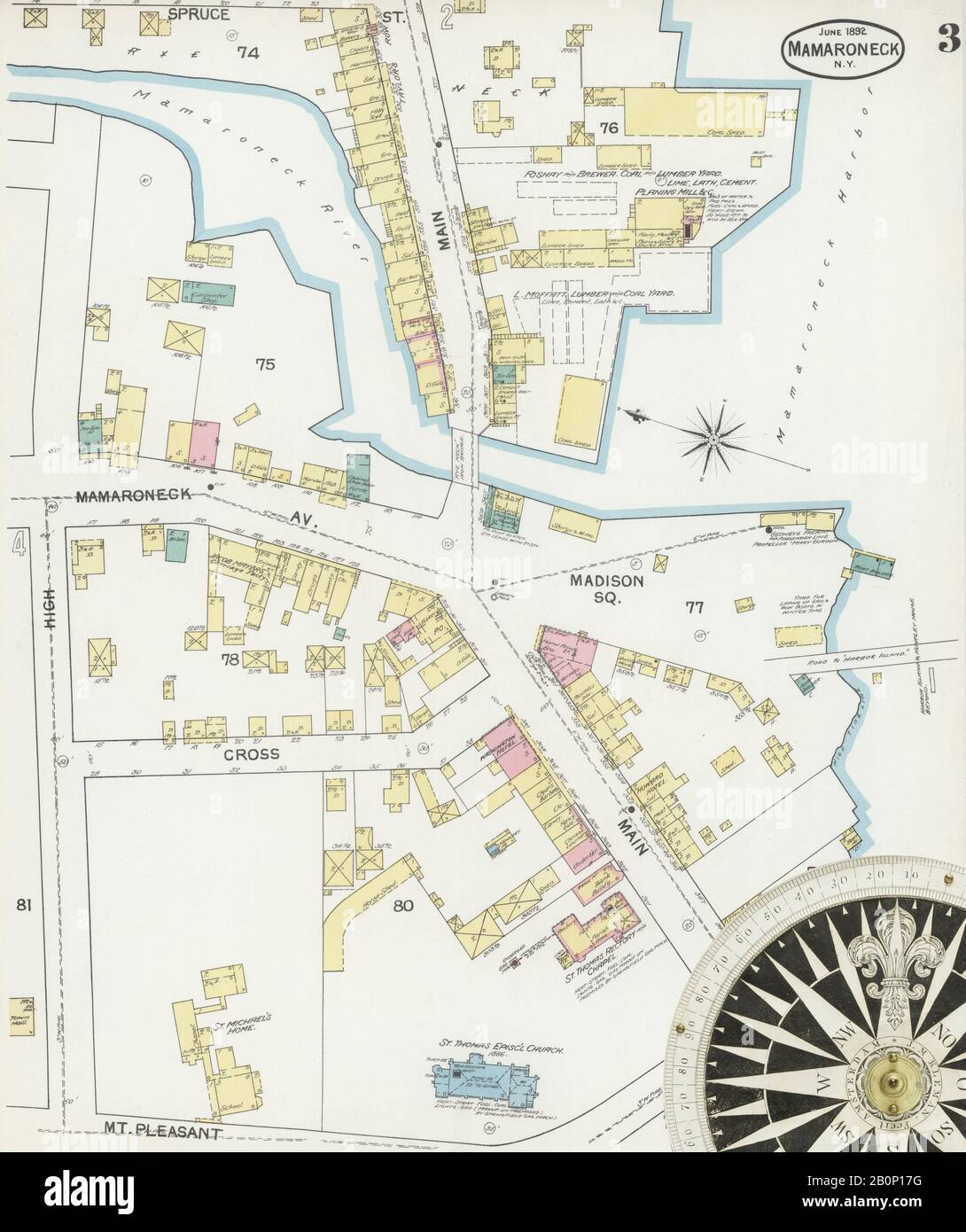 Immagine 3 Della Mappa Sanborn Fire Insurance Di Mamaroneck, Westchester County, New York. Giu 1892. 4 fogli, America, mappa stradale con una bussola Del Xix Secolo Foto Stock