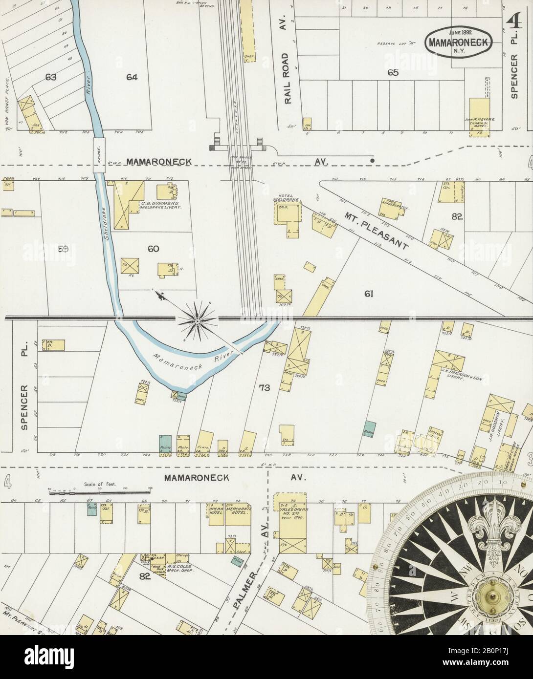 Immagine 4 Della Mappa Sanborn Fire Insurance Di Mamaroneck, Westchester County, New York. Giu 1892. 4 fogli, America, mappa stradale con una bussola Del Xix Secolo Foto Stock