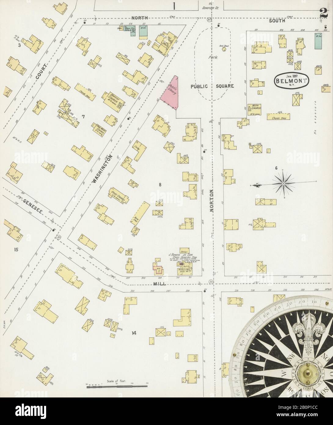 Immagine 2 Della Mappa Sanborn Fire Insurance Da Belmont, Allegany County, New York. Jan 1897. 3 fogli, America, mappa stradale con una bussola Del Xix Secolo Foto Stock