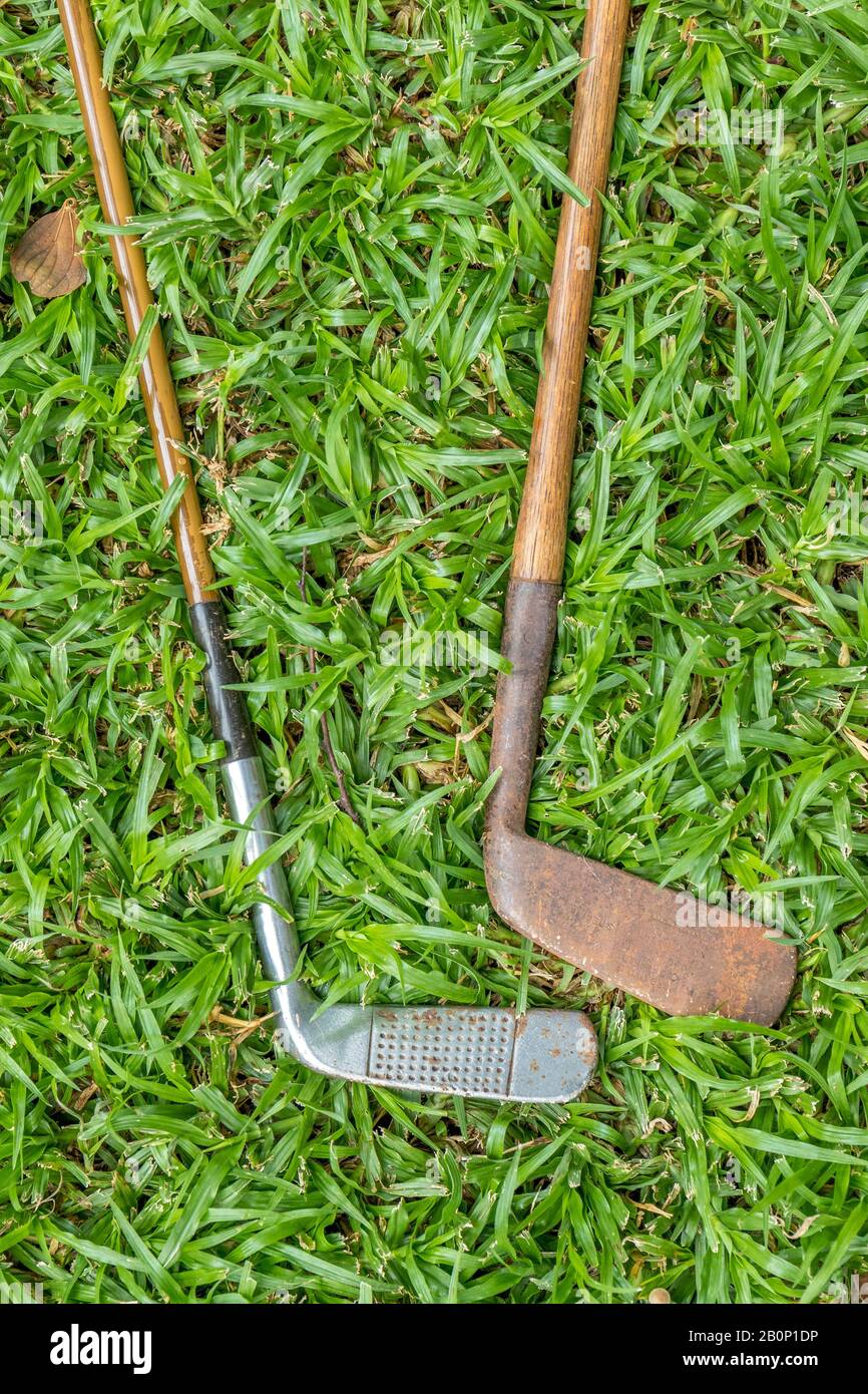 Due club di golf vintage con alberi hickory isolati all'aperto Foto Stock