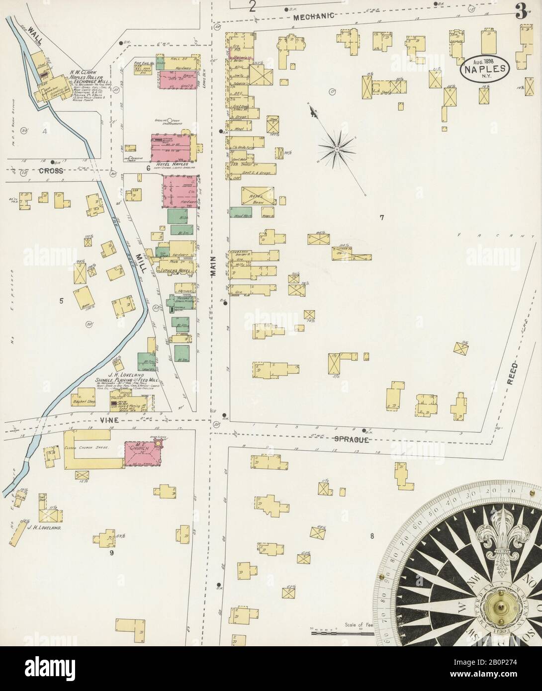 Immagine 3 Della Mappa Sanborn Fire Insurance Da Napoli, Ontario County, New York. Ago 1898. 4 fogli, America, mappa stradale con una bussola Del Xix Secolo Foto Stock