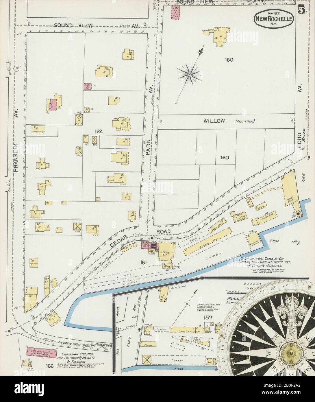 Immagine 5 Della Mappa Sanborn Fire Insurance Da New Rochelle, Westchester County, New York. Nov 1892. 14 fogli, America, mappa stradale con una bussola Del Xix Secolo Foto Stock