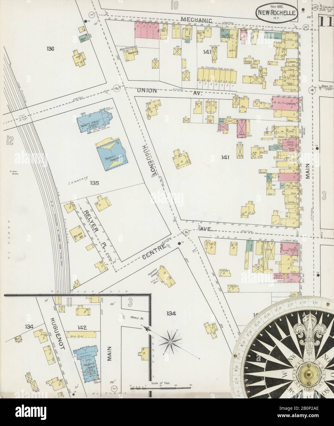 Immagine 11 Della Mappa Sanborn Fire Insurance Da New Rochelle, Westchester County, New York. Nov 1892. 14 fogli, America, mappa stradale con una bussola Del Xix Secolo Foto Stock