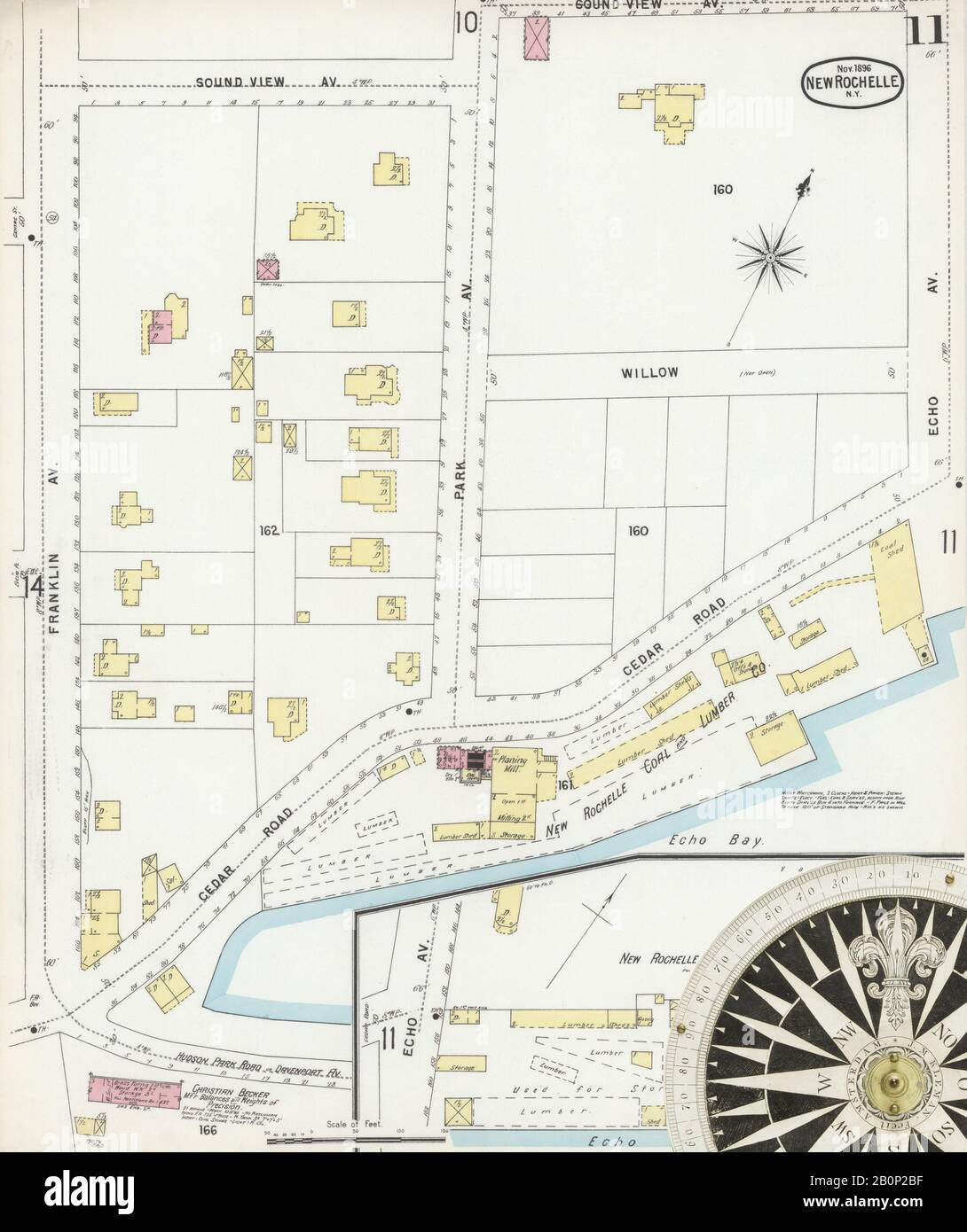 Immagine 11 Della Mappa Sanborn Fire Insurance Da New Rochelle, Westchester County, New York. Nov 1896. 20 fogli, America, mappa stradale con una bussola Del Xix Secolo Foto Stock