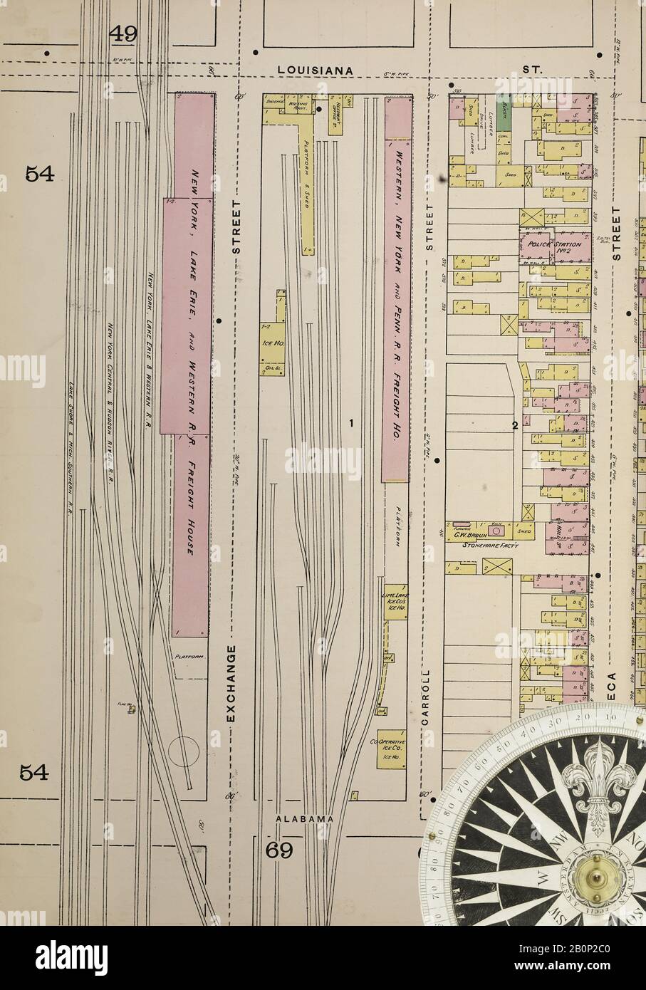 Immagine 31 Della Mappa Sanborn Fire Insurance Di Buffalo, Erie County, New York. 1889-1893 Vol. 2, 1889. 79 fogli. Piastre a doppia pagatura numerate 41-78. Bound, America, mappa stradale con una bussola Del Xix Secolo Foto Stock