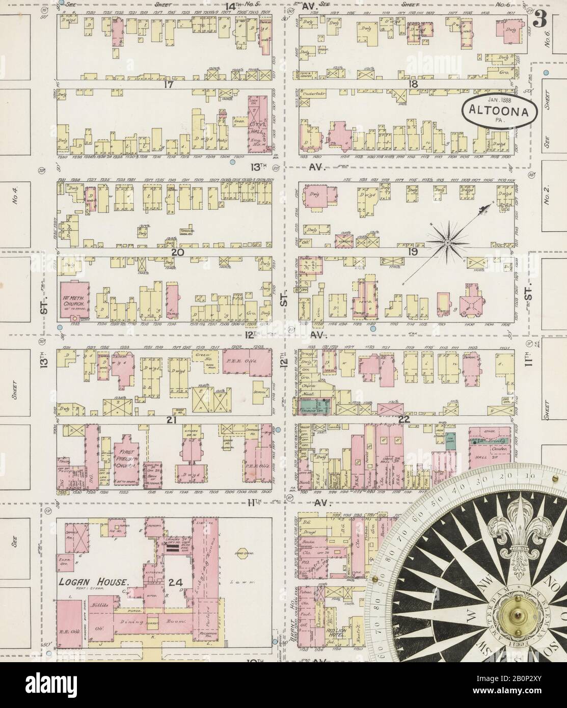 Immagine 3 Della Mappa Sanborn Fire Insurance Di Altoona, Blair County, Pennsylvania. Jan 1888. 23 fogli, America, mappa stradale con una bussola Del Xix Secolo Foto Stock