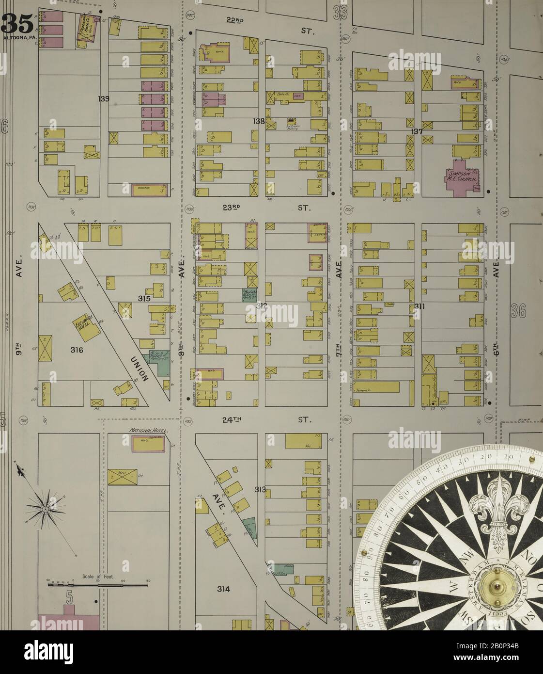 Immagine 36 Della Mappa Sanborn Fire Insurance Di Altoona, Blair County, Pennsylvania. 1894. 43 fogli. Bound, America, mappa stradale con una bussola Del Xix Secolo Foto Stock