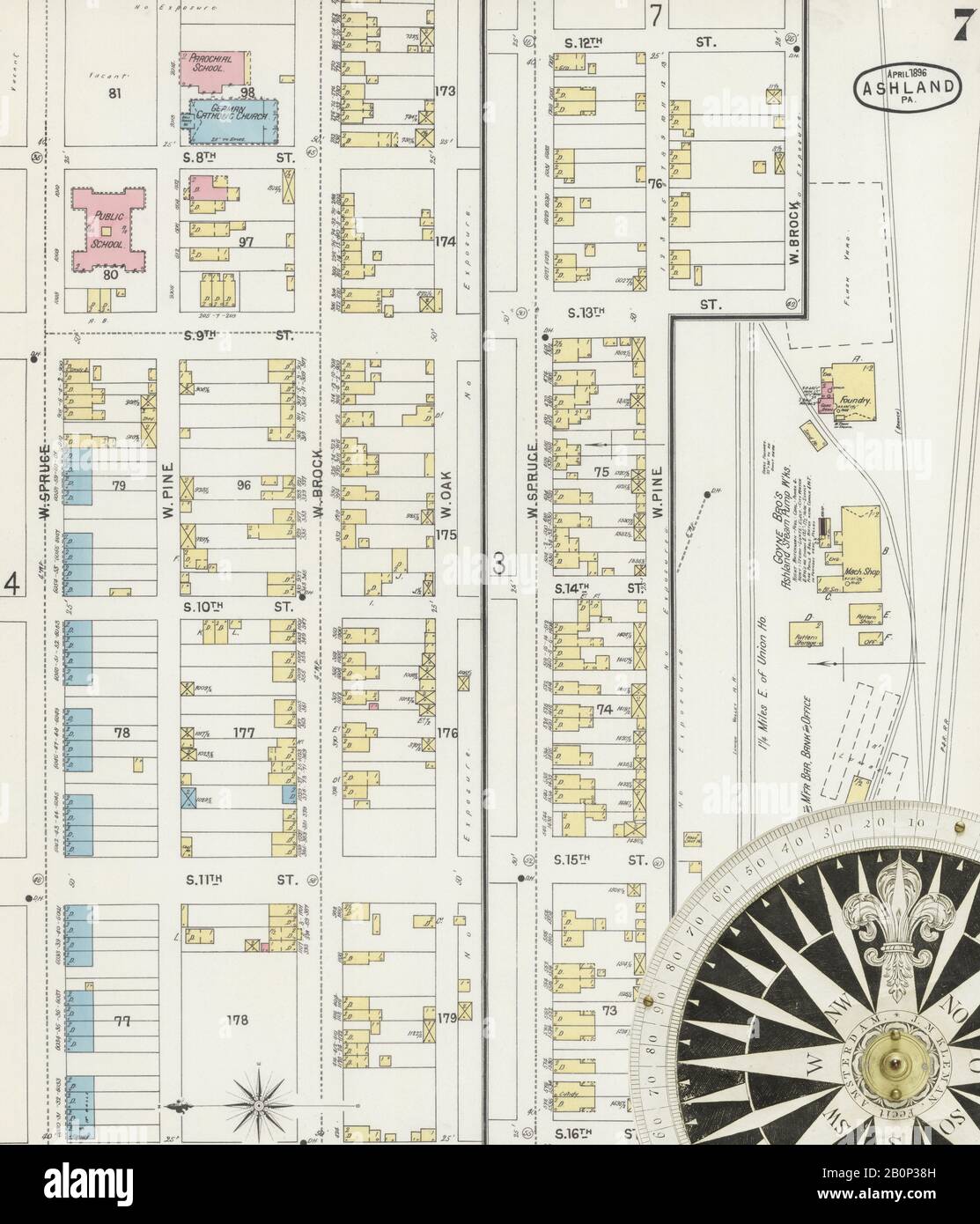 Immagine 7 Della Mappa Sanborn Fire Insurance Di Ashland, Schuylkill County, Pennsylvania. Apr 1896. 12 fogli. Include Locust Dale, Girardville, Gordon, Centralia, America, mappa stradale con una bussola Del Xix Secolo Foto Stock