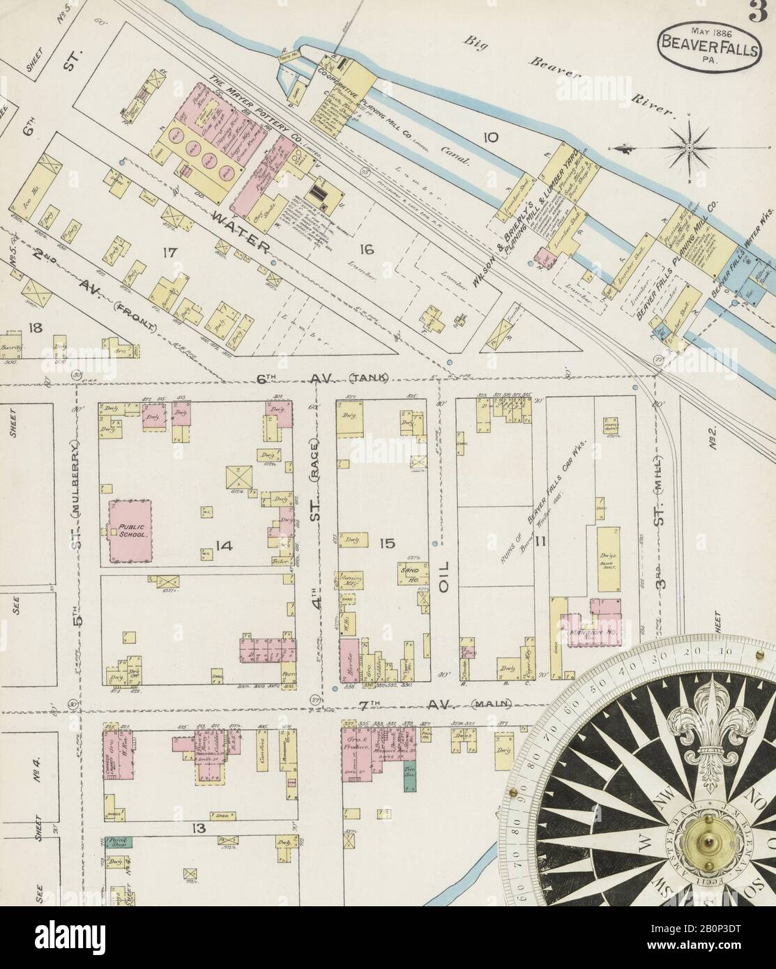 Immagine 3 Della Mappa Sanborn Fire Insurance Di Beaver Falls, Beaver County, Pennsylvania. Maggio 1886. 11 fogli, America, mappa stradale con una bussola Del Xix Secolo Foto Stock