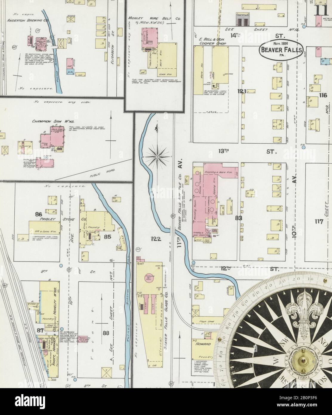 Immagine 11 Della Mappa Sanborn Fire Insurance Di Beaver Falls, Beaver County, Pennsylvania. Nov 1891. 14 fogli, America, mappa stradale con una bussola Del Xix Secolo Foto Stock