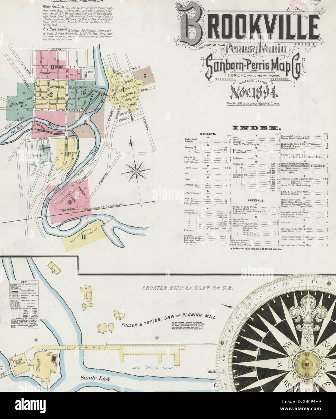 Immagine 1 Della Mappa Sanborn Fire Insurance Di Brookville, Jefferson County, Pennsylvania. Nov 1894. 11 fogli, America, mappa stradale con una bussola Del Xix Secolo Foto Stock