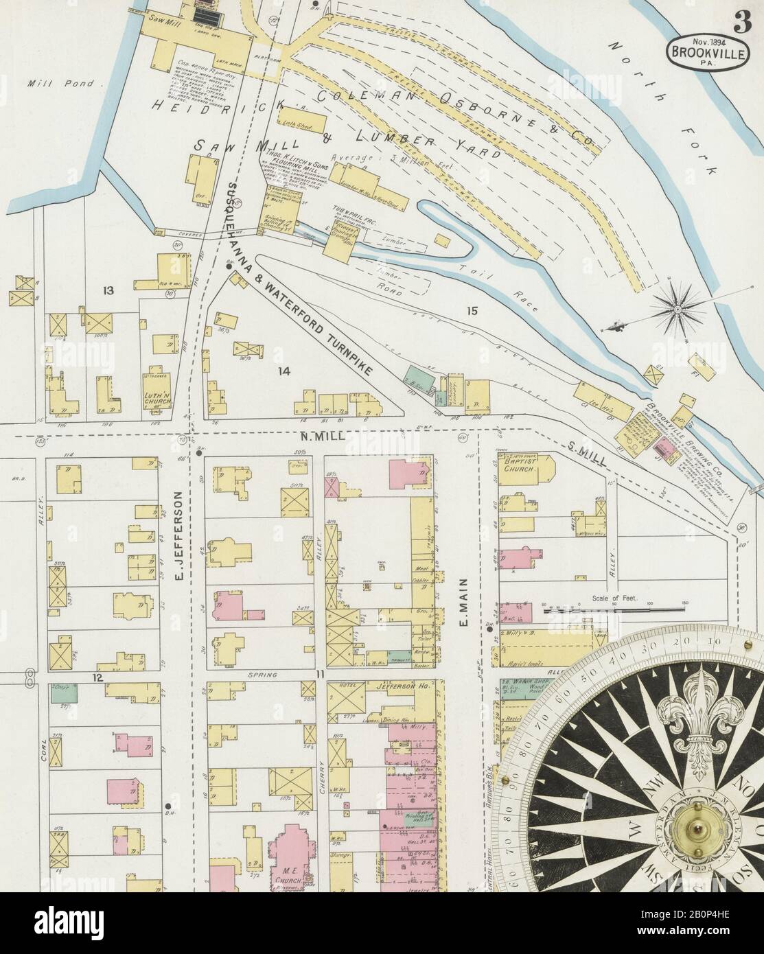 Immagine 3 Della Mappa Sanborn Fire Insurance Di Brookville, Jefferson County, Pennsylvania. Nov 1894. 11 fogli, America, mappa stradale con una bussola Del Xix Secolo Foto Stock
