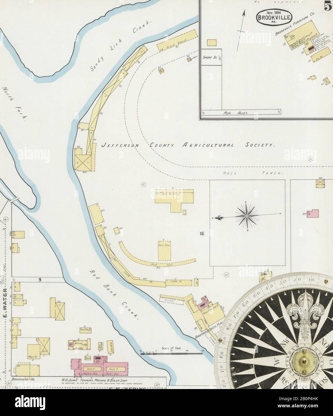 Immagine 5 Della Mappa Sanborn Fire Insurance Di Brookville, Jefferson County, Pennsylvania. Nov 1894. 11 fogli, America, mappa stradale con una bussola Del Xix Secolo Foto Stock
