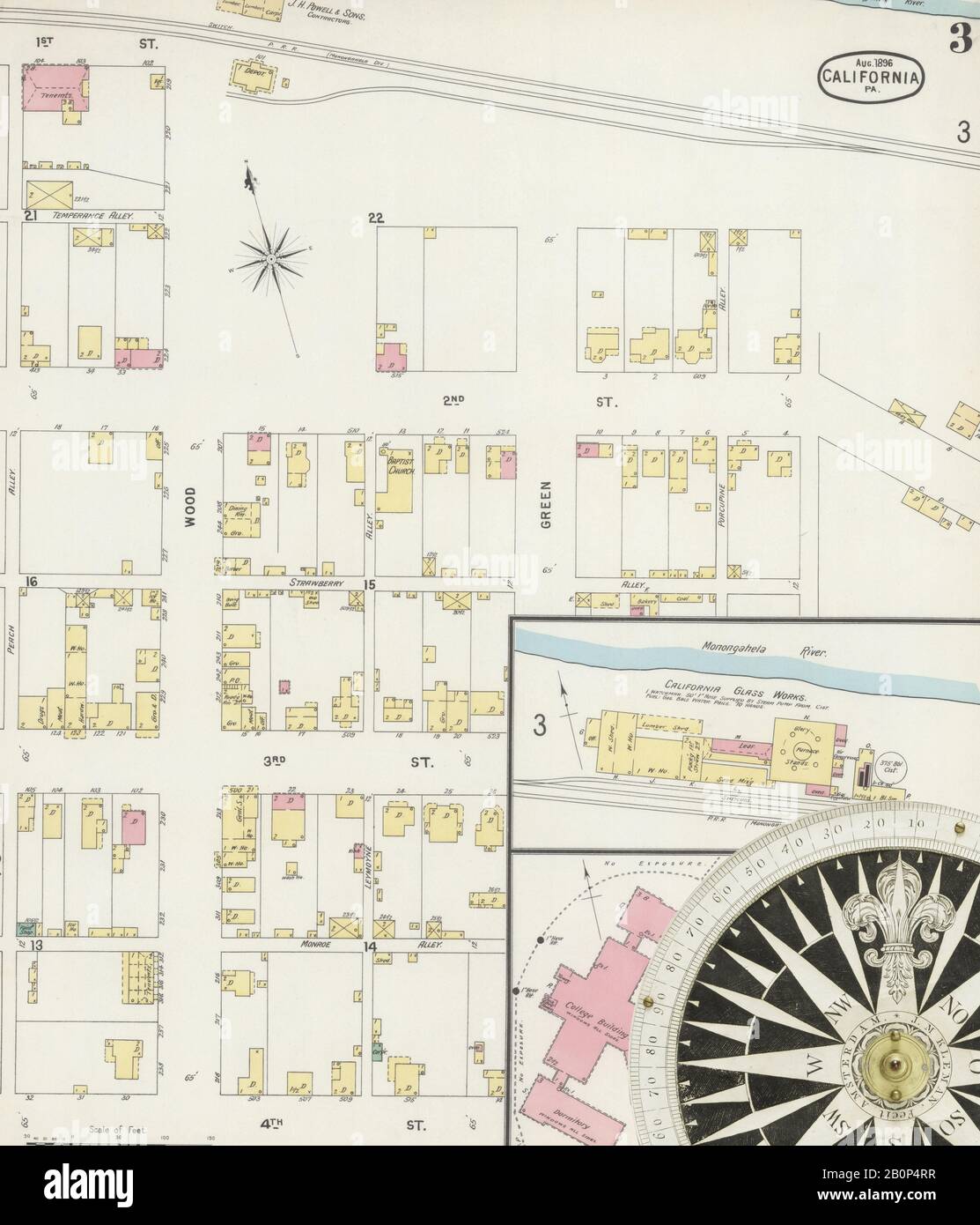 Immagine 3 Della Mappa Sanborn Fire Insurance Dalla California, Washington County, Pennsylvania. Ago 1896. 3 fogli. Comprende Coal Center, America, mappa stradale con una bussola Del Xix Secolo Foto Stock