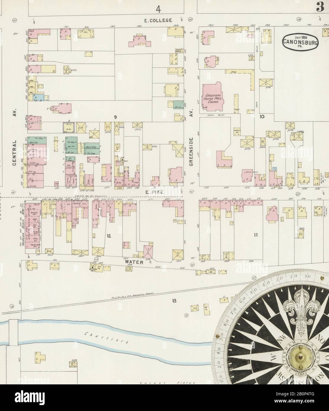 Immagine 3 Della Mappa Sanborn Fire Insurance Da Canonsburg, Washington County, Pennsylvania. Lug 1896. 6 fogli, America, mappa stradale con una bussola Del Xix Secolo Foto Stock