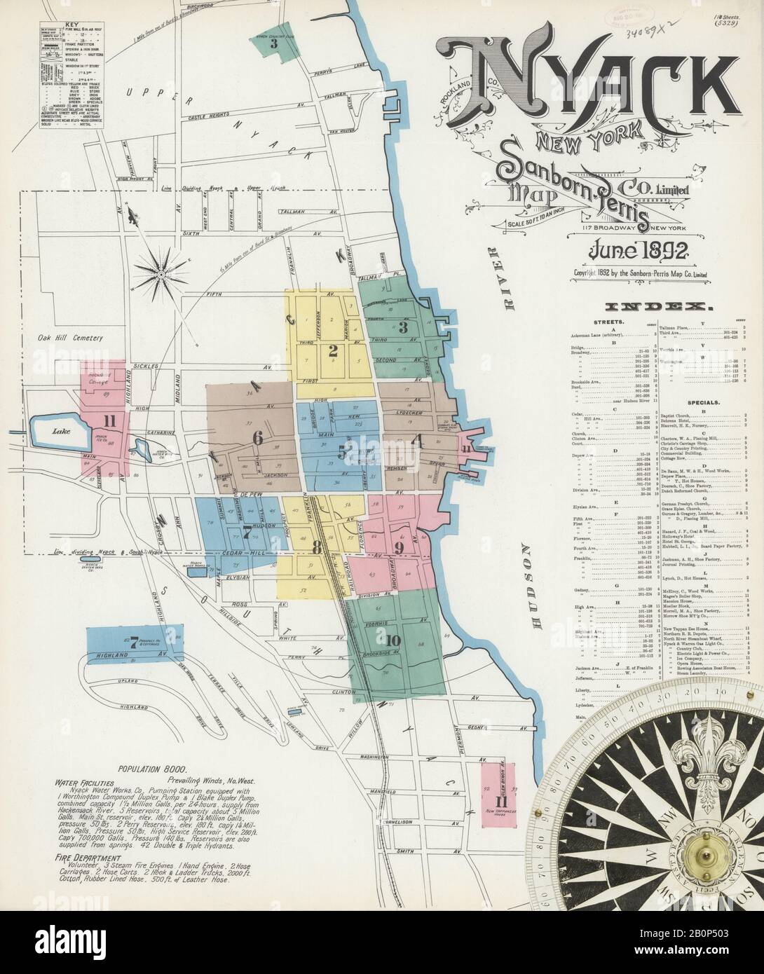 Immagine 1 Della Mappa Sanborn Fire Insurance Di Nyack, Rockland County, New York. Giu 1892. 11 fogli, America, mappa stradale con una bussola Del Xix Secolo Foto Stock