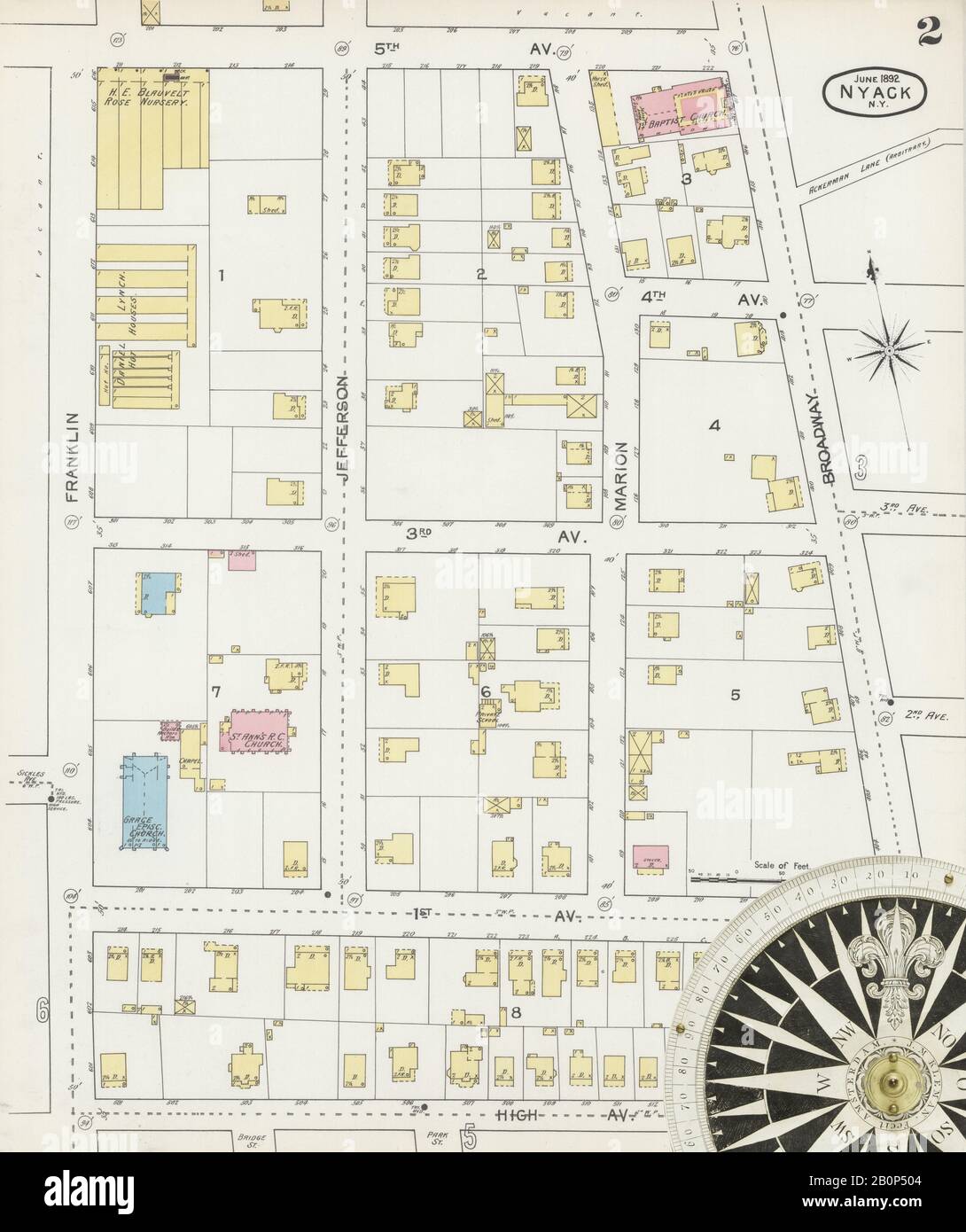 Immagine 2 Della Mappa Sanborn Fire Insurance Di Nyack, Rockland County, New York. Giu 1892. 11 fogli, America, mappa stradale con una bussola Del Xix Secolo Foto Stock