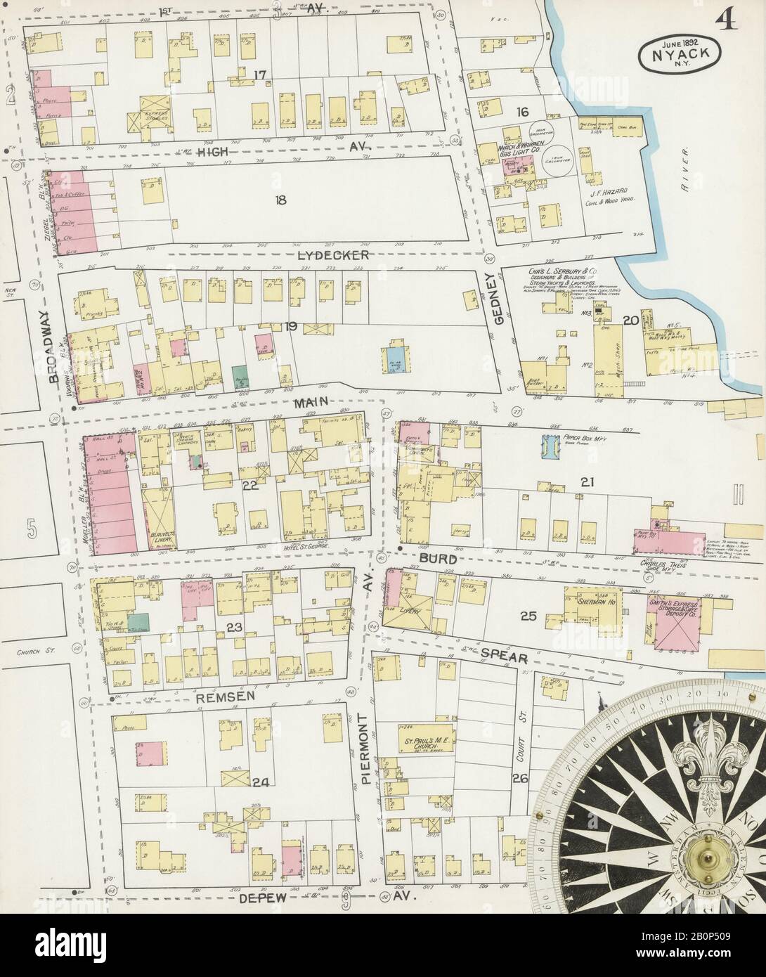 Immagine 4 Della Mappa Sanborn Fire Insurance Di Nyack, Rockland County, New York. Giu 1892. 11 fogli, America, mappa stradale con una bussola Del Xix Secolo Foto Stock