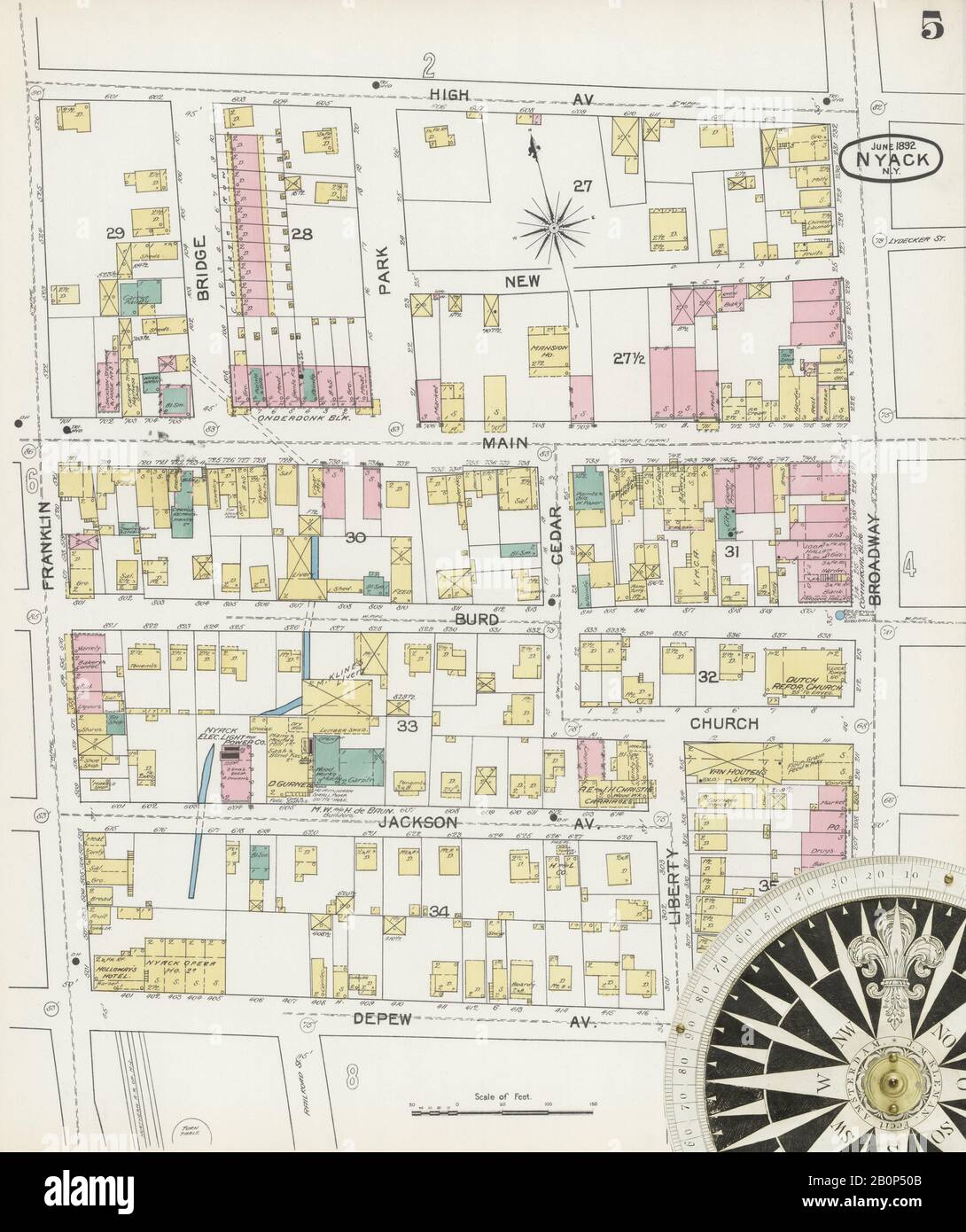 Immagine 5 Della Mappa Sanborn Fire Insurance Di Nyack, Rockland County, New York. Giu 1892. 11 fogli, America, mappa stradale con una bussola Del Xix Secolo Foto Stock