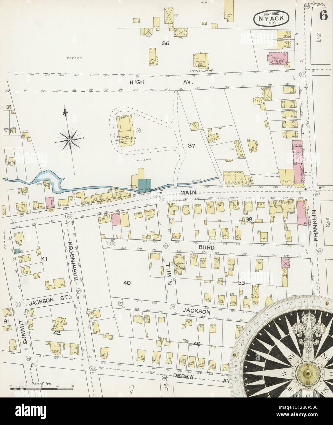 Immagine 6 Della Mappa Sanborn Fire Insurance Di Nyack, Rockland County, New York. Giu 1892. 11 fogli, America, mappa stradale con una bussola Del Xix Secolo Foto Stock