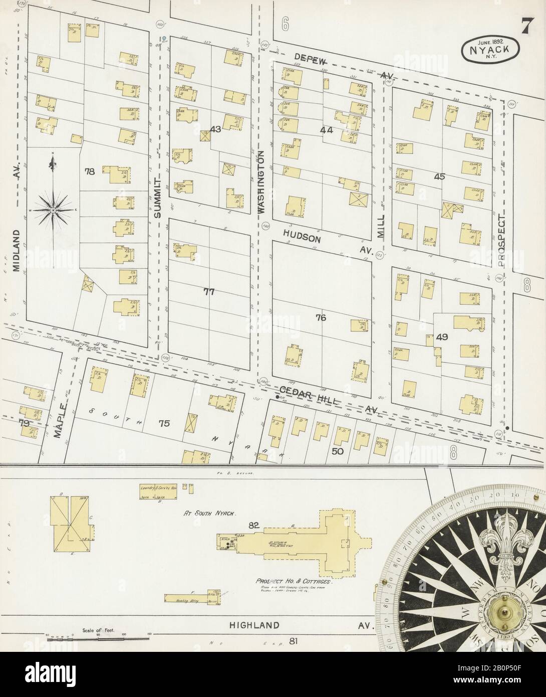 Immagine 7 Della Mappa Sanborn Fire Insurance Di Nyack, Rockland County, New York. Giu 1892. 11 fogli, America, mappa stradale con una bussola Del Xix Secolo Foto Stock