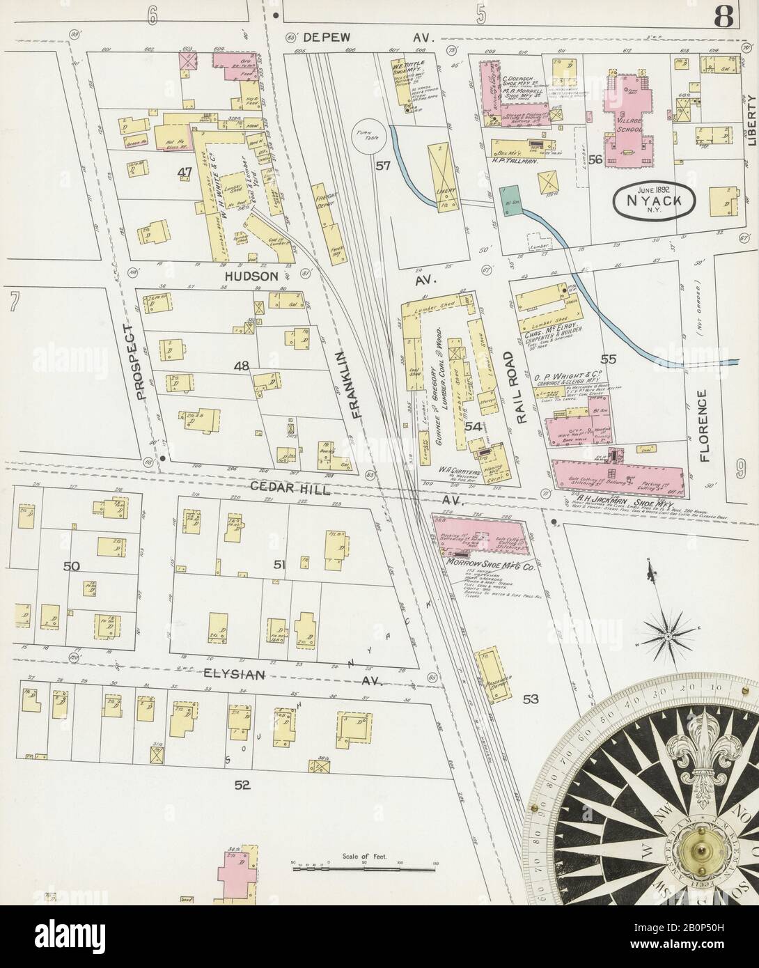 Immagine 8 Della Mappa Sanborn Fire Insurance Di Nyack, Rockland County, New York. Giu 1892. 11 fogli, America, mappa stradale con una bussola Del Xix Secolo Foto Stock