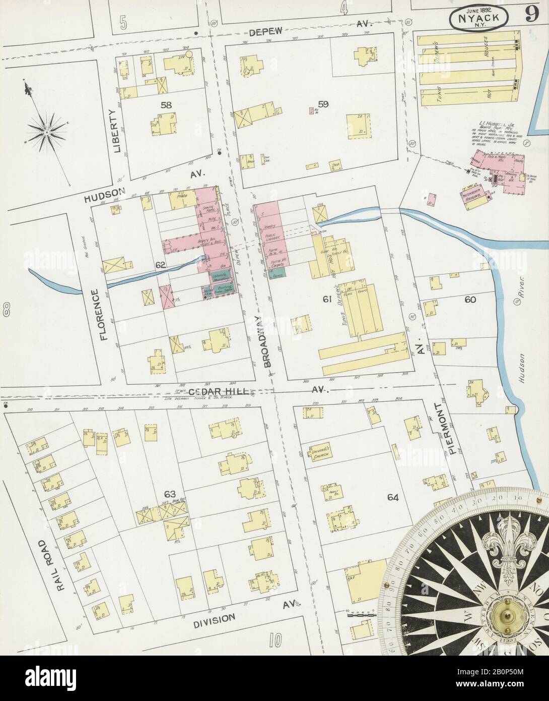 Immagine 9 Della Mappa Sanborn Fire Insurance Di Nyack, Rockland County, New York. Giu 1892. 11 fogli, America, mappa stradale con una bussola Del Xix Secolo Foto Stock