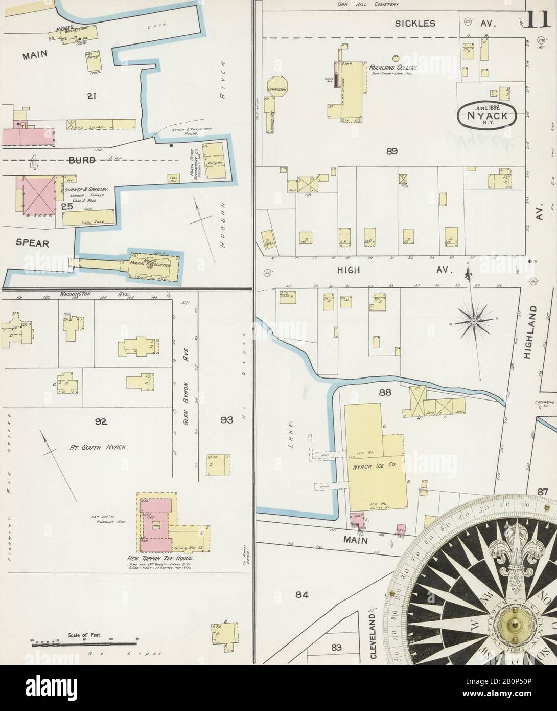 Immagine 11 Della Mappa Sanborn Fire Insurance Di Nyack, Rockland County, New York. Giu 1892. 11 fogli, America, mappa stradale con una bussola Del Xix Secolo Foto Stock