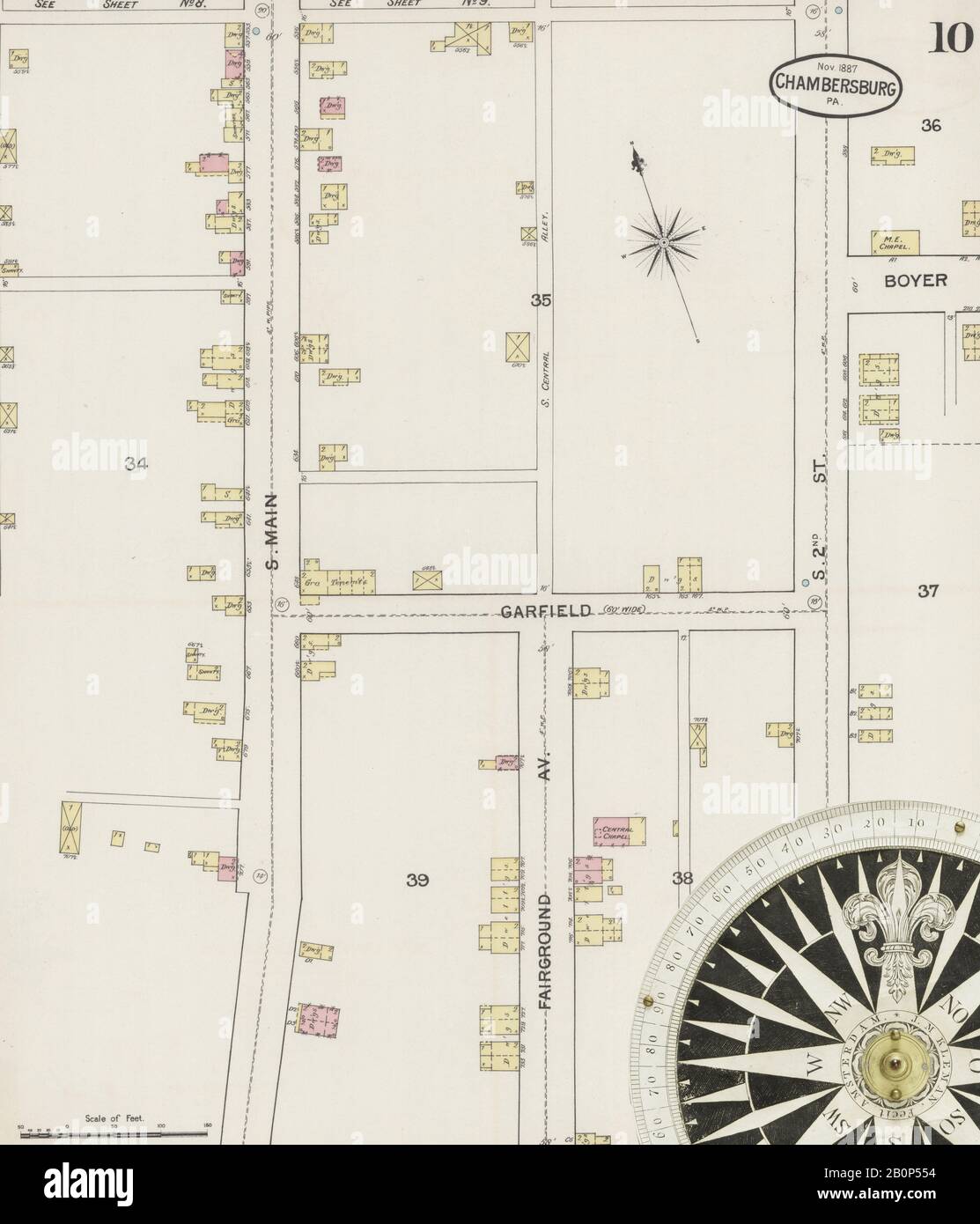 Immagine 10 Della Mappa Sanborn Fire Insurance Da Chambersburg, Franklin County, Pennsylvania. Nov 1887. 14 fogli, America, mappa stradale con una bussola Del Xix Secolo Foto Stock