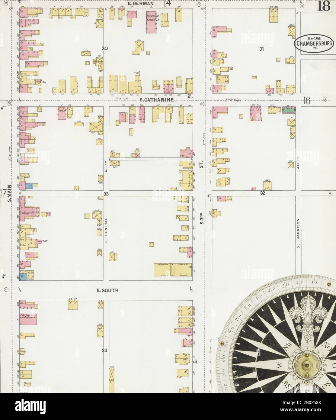 Immagine 18 Della Mappa Sanborn Fire Insurance Da Chambersburg, Franklin County, Pennsylvania. Maggio 1899. 22 fogli, America, mappa stradale con una bussola Del Xix Secolo Foto Stock