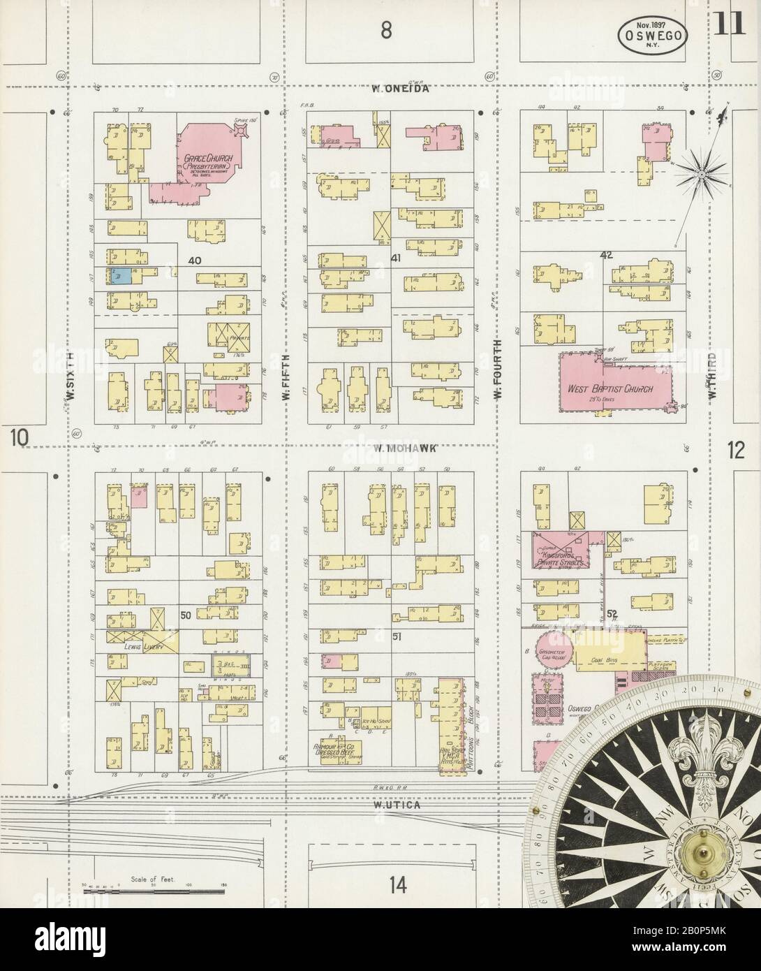 Immagine 11 Della Mappa Sanborn Fire Insurance Di Oswego, Oswego County, New York. Nov 1897. 36 fogli, America, mappa stradale con una bussola Del Xix Secolo Foto Stock