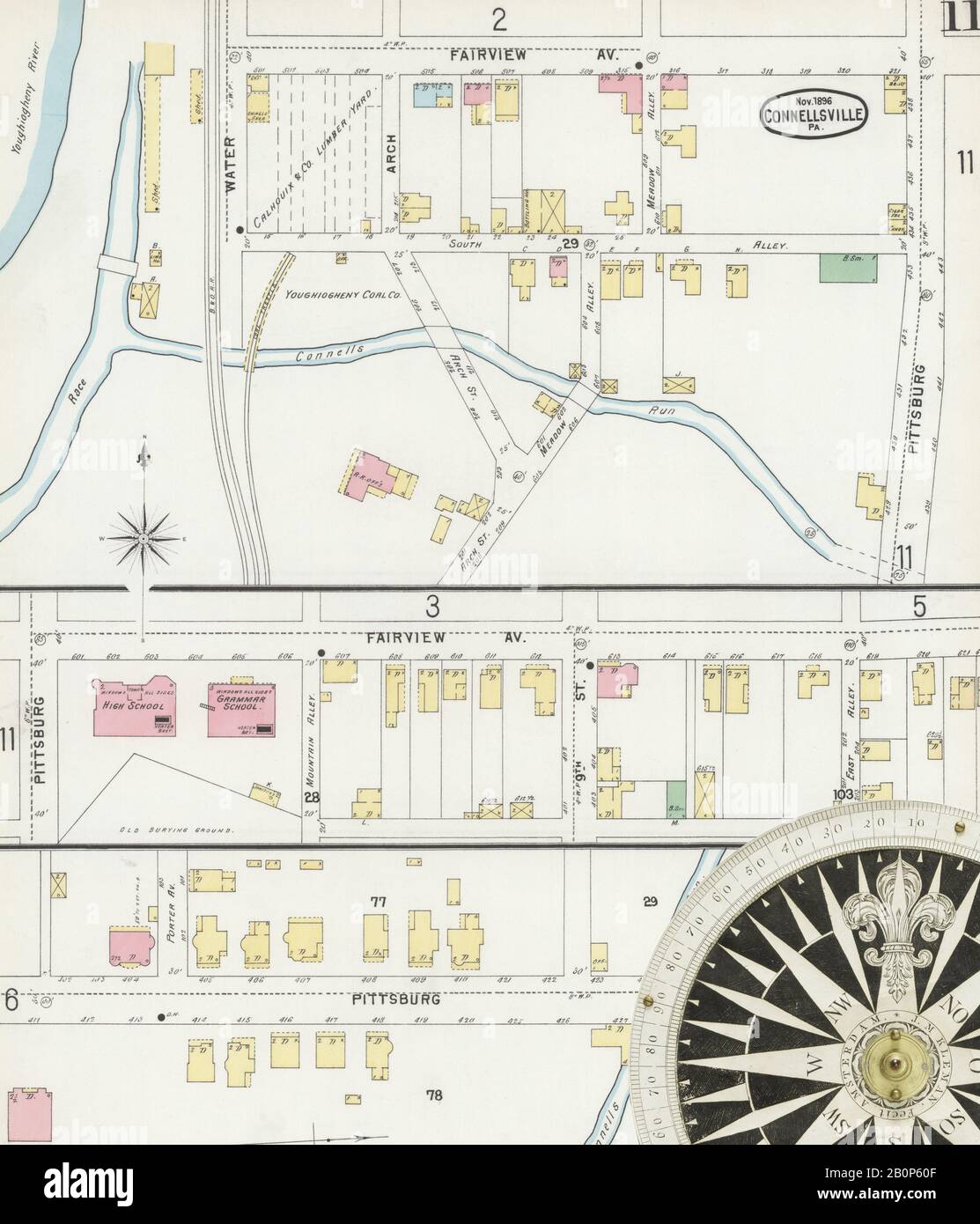 Immagine 11 Della Mappa Sanborn Fire Insurance Di Connellsville, Contea Di Fayette, Pennsylvania. Nov 1896. 12 fogli. Include New Haven, America, mappa stradale con una bussola Del Xix Secolo Foto Stock