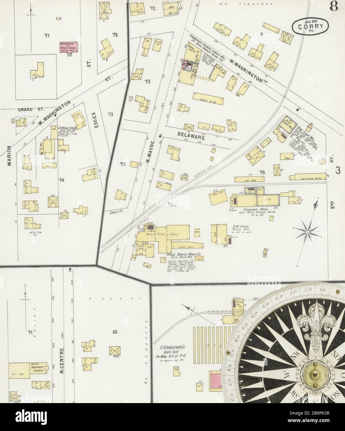 Immagine 8 Della Mappa Sanborn Fire Insurance Di Corry, Erie County, Pennsylvania. Jan 1897. 10 fogli, America, mappa stradale con una bussola Del Xix Secolo Foto Stock