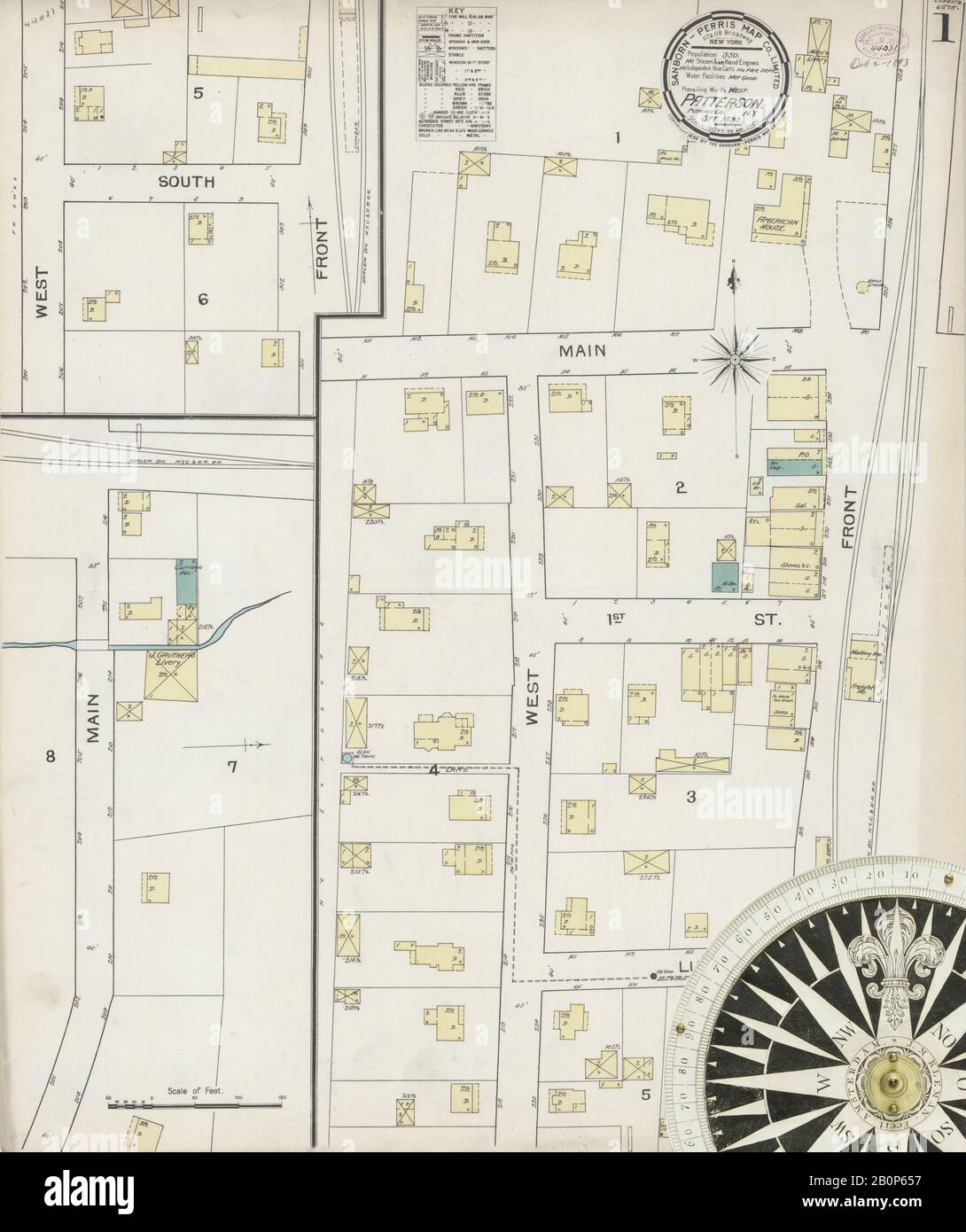 Immagine 1 Della Mappa Sanborn Fire Insurance Di Patterson, Putnam County, New York. Set 1893. 2 fogli, America, mappa stradale con una bussola Del Xix Secolo Foto Stock