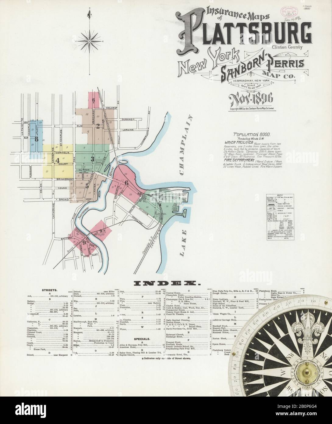 Immagine 1 Della Mappa Sanborn Fire Insurance Di Plattsburg, Clinton County, New York. Nov 1896. 11 fogli, America, mappa stradale con una bussola Del Xix Secolo Foto Stock